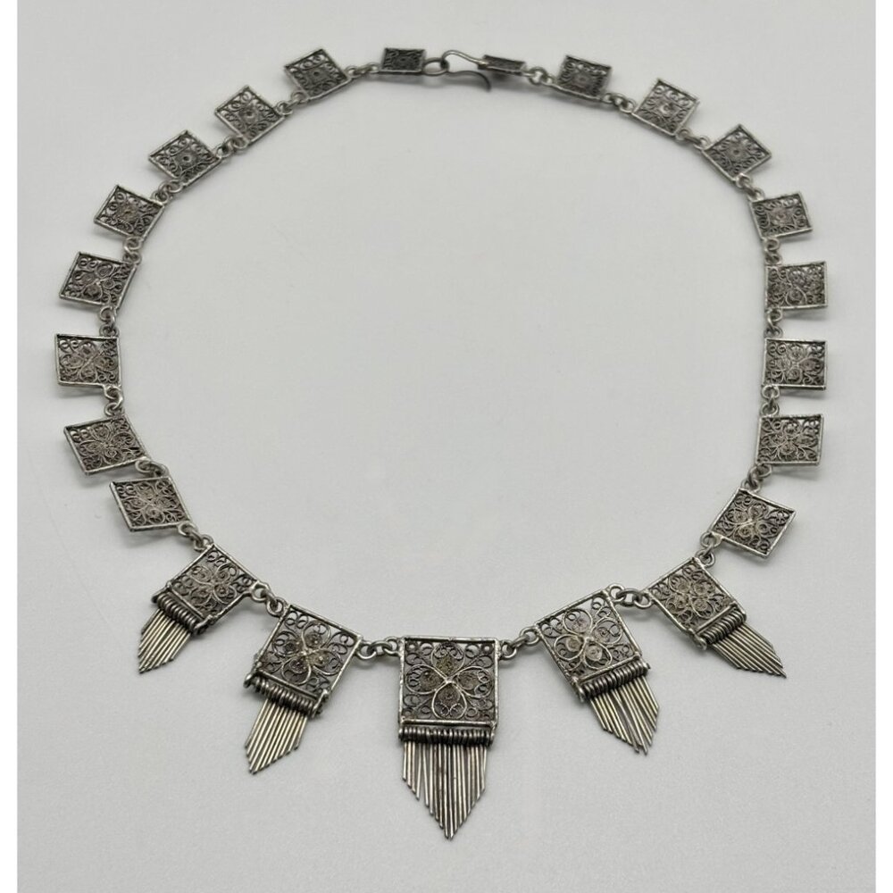 Vintage European Silver Delicate Filigree Squares Components With Dangles Collar - Picture 9 of 13